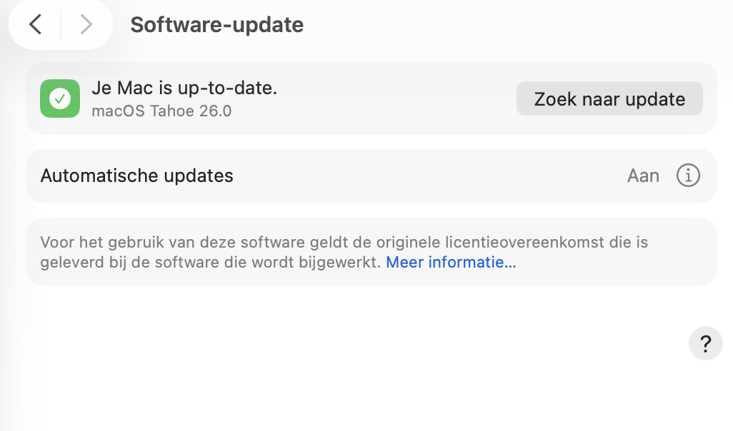 Laat je Mac controleren op updates. Als er updates beschikbaar zijn, klik je op Werk nu bij’ en volg je de instructies op het scherm om je software bij te werken — hopelijk wordt je Mac hierdoor sneller.