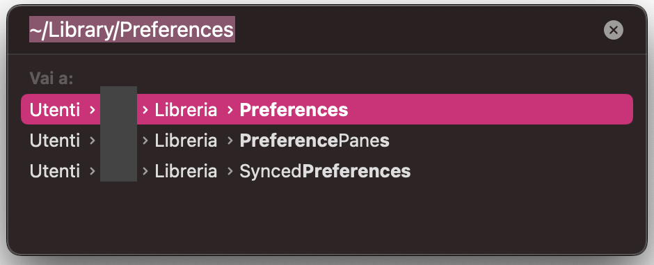 Come passo successivo, usa la finestra Vai alla cartella per raggiungere la cartella ~/Library/Preferences.