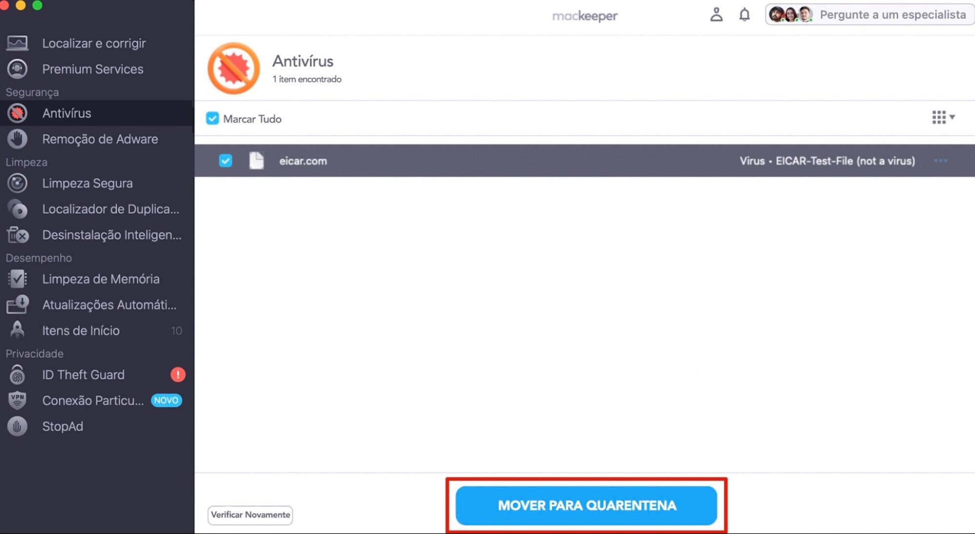 Antivírus da MacKeeper em execução no Mac. Se alguma ameaça for encontrada, ela poderá estar impedindo o acesso à pasta Aplicativos. Selecione as ameaças detectadas e clique em Mover para Quarentena para isolá-las.