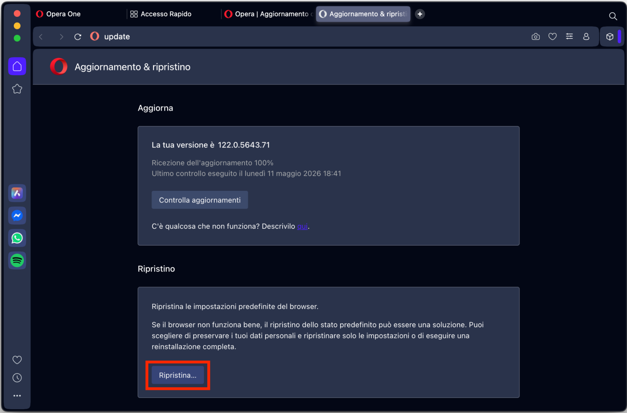 La schermata Aggiornamento e Ripristino di Opera, con Ripristino > Ripristina evidenziato. Come reimpostare Opera, un passaggio nella guida su come bloccare i falsi pop-up McAfee su Mac.