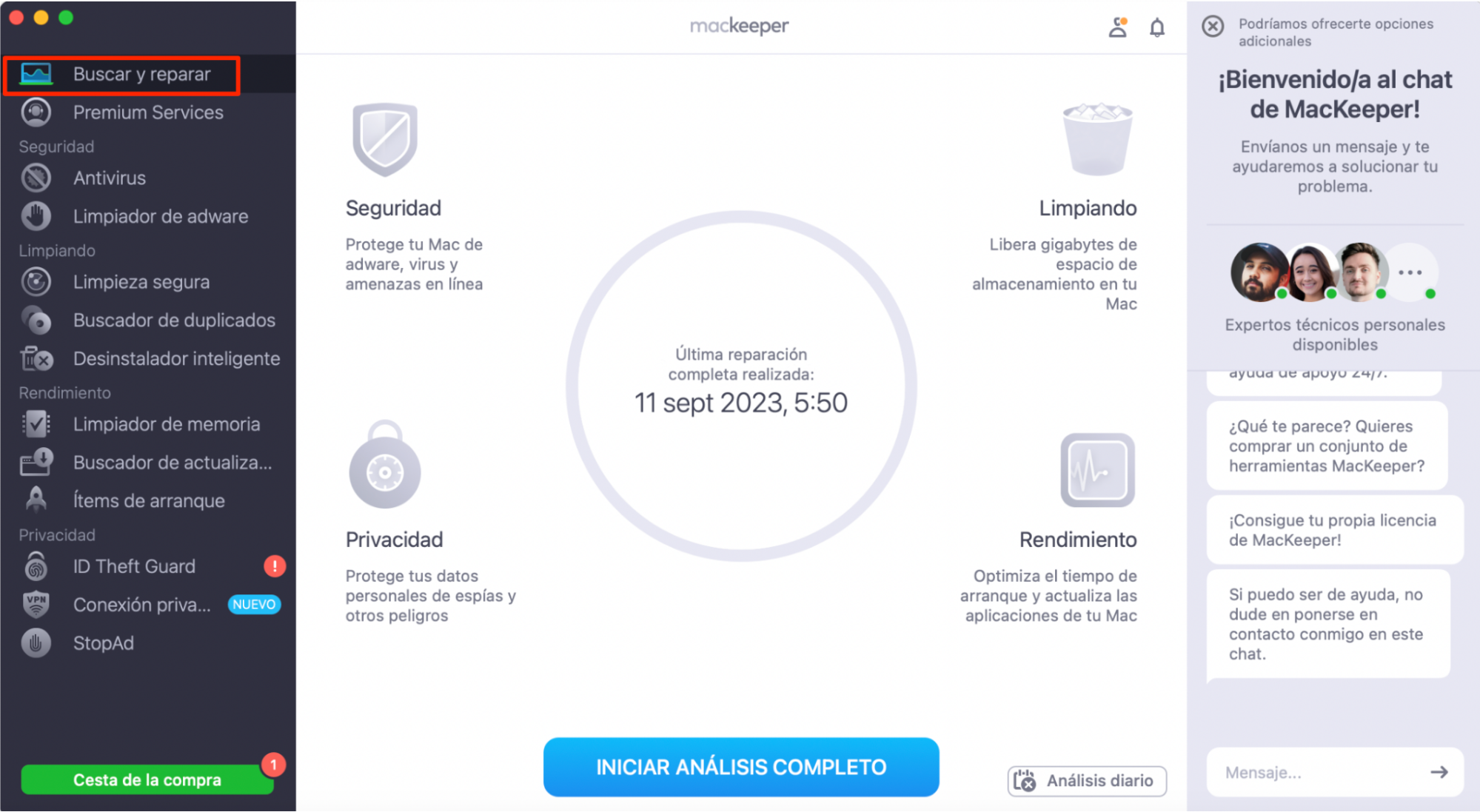 Puedes restaurar los iconos del escritorio de tu Mac utilizando la herramienta Buscar y reparar de MacKeeper. Para ello, abre MacKeeper en tu Mac y selecciona Buscar y reparar en la barra lateral. A continuación, haz clic en el botón grande y azul Iniciar análisis completo, situado en la parte inferior de la pantalla.