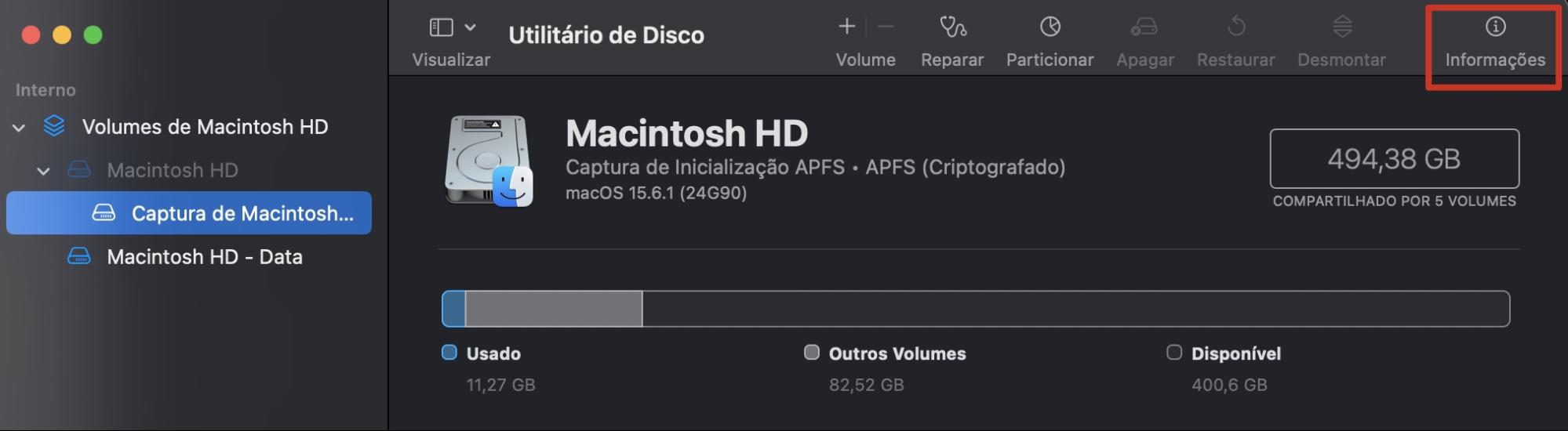 Como abrir a caixa de informações sobre o disco rígido no Utilitário de Disco do Mac.