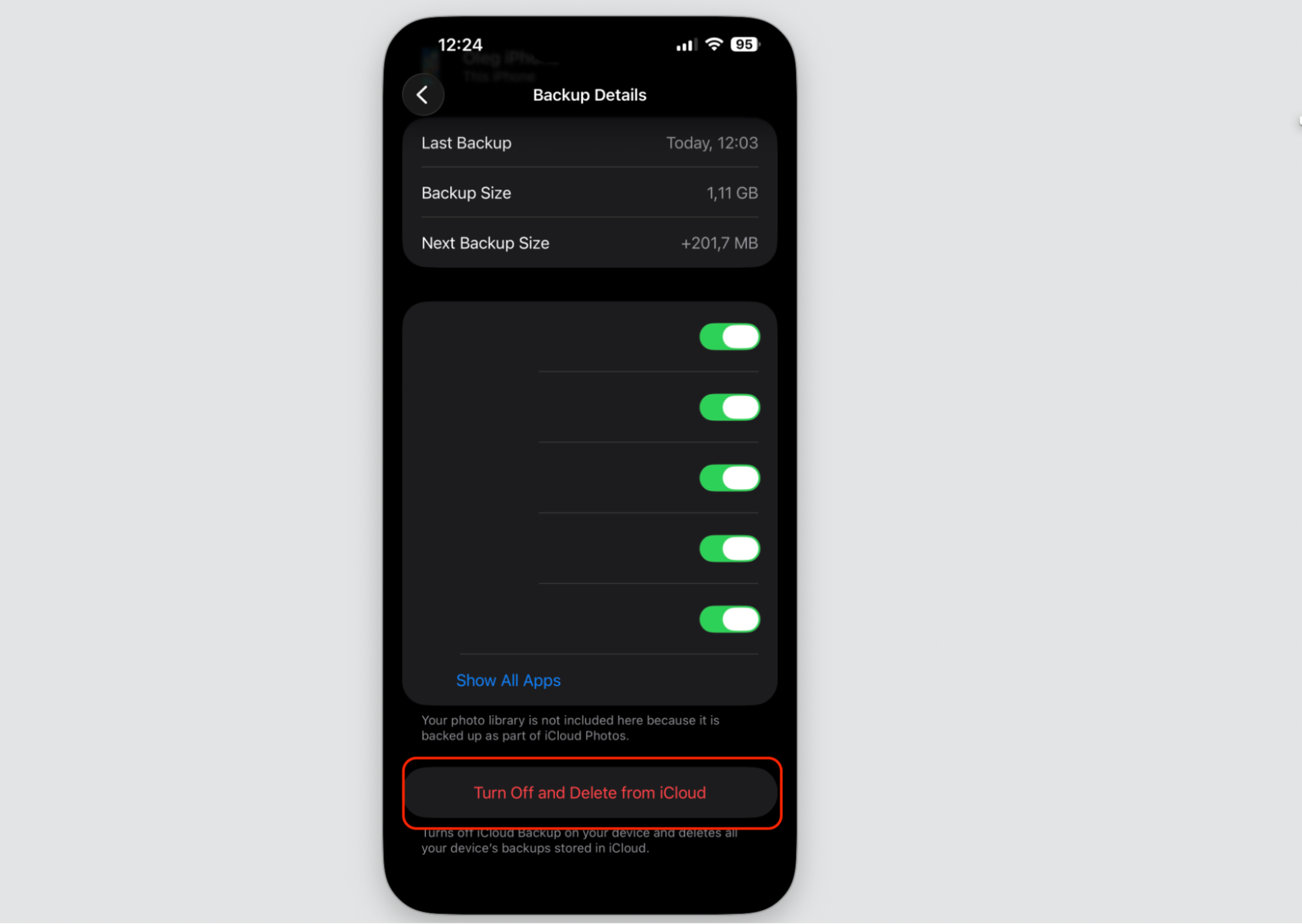 Backup Details screen on an iPhone with the red Turn Off and Delete from iCloud button tapped to remove the old device backup for good.