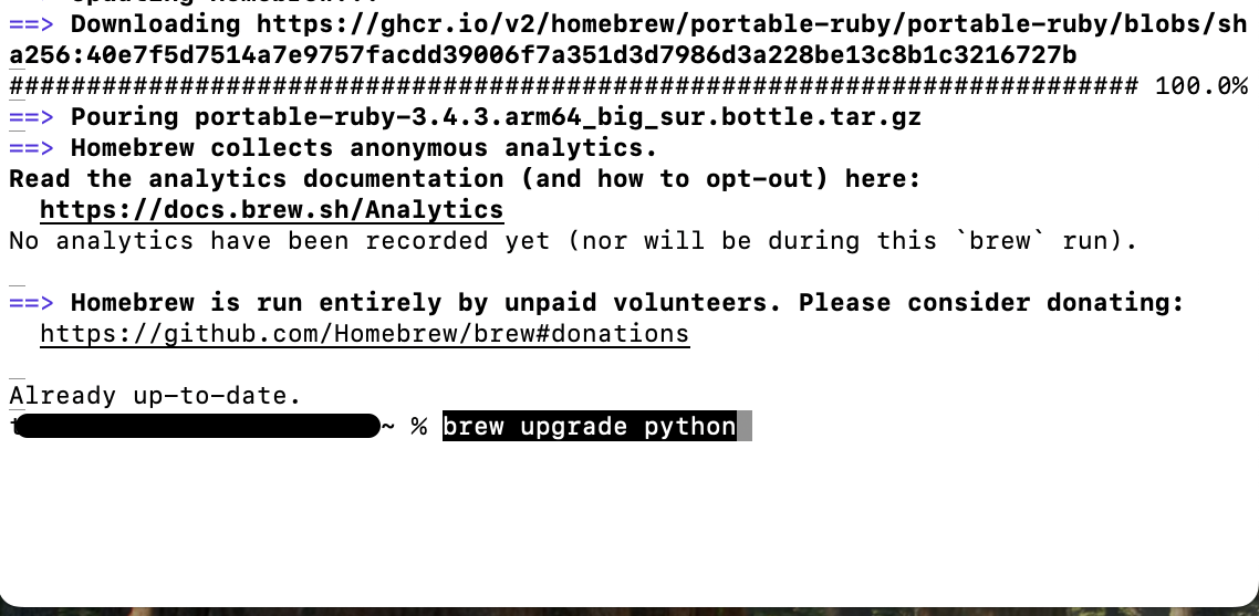 Use brew upgrade python in Terminal to download and install the latest available Python version through Homebrew on your Mac.