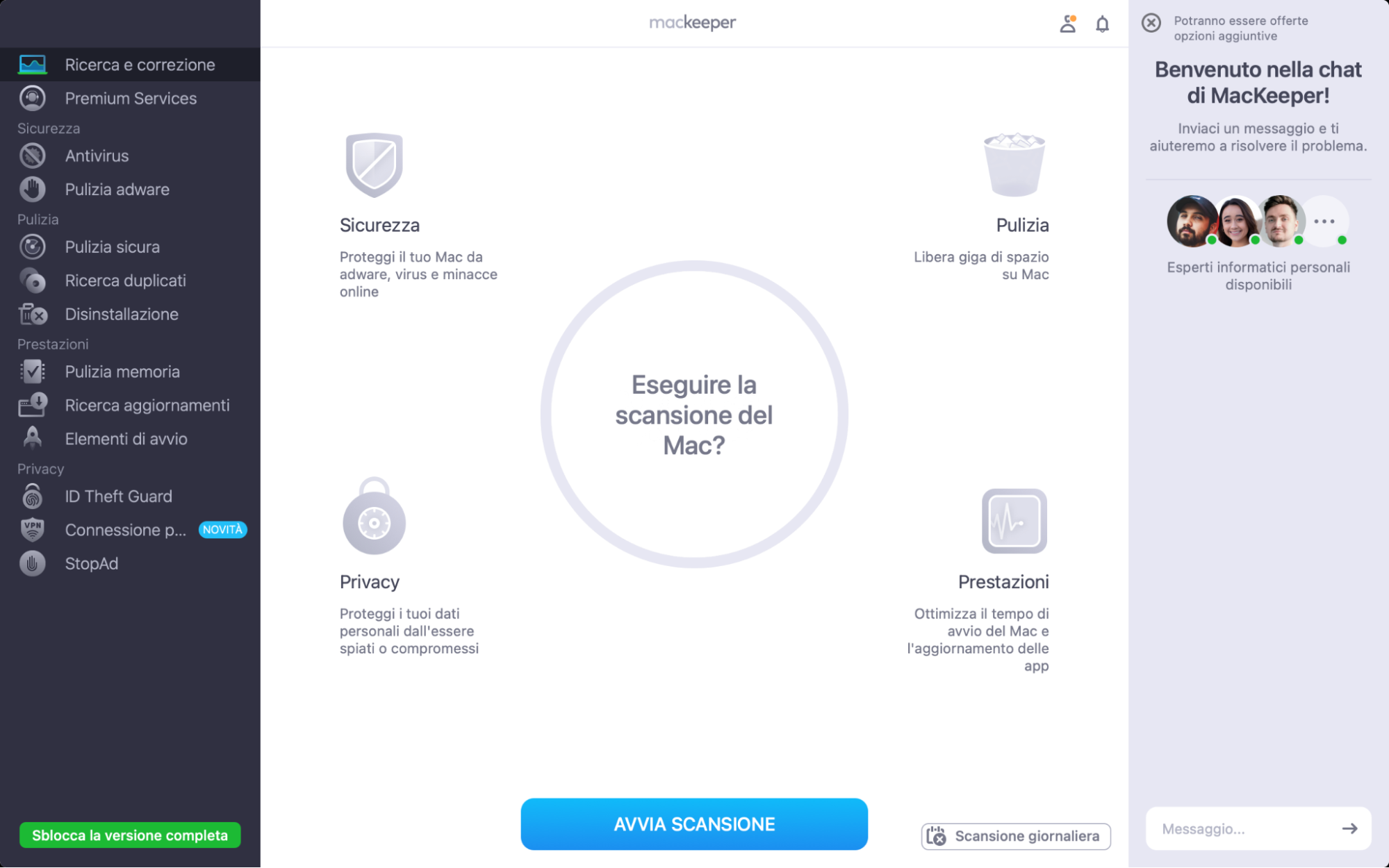 Se sospetti la presenza di malware sul tuo Mac, apri MacKeeper, quindi seleziona lo strumento Antivirus dal menu laterale.