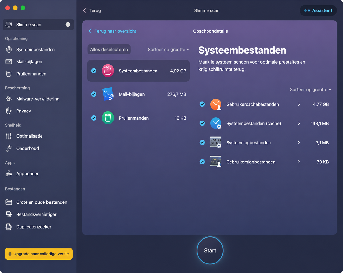 De scan van CleanMyMac is voltooid en je ziet nu het resultaat in het venster Systeemrommel. Door de selectievakjes aan de linkerkant aan te vinken, bepaal je hoeveel van de gevonden rommelbestanden worden verwijderd
