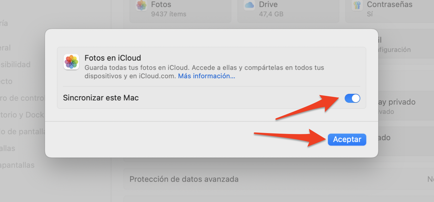 Ajustes del sistema en Mac mostrando las opciones de Fotos de iCloud. Para mover archivos de Mac a Mac utilizando el almacenamiento de iCloud, activa Sincronizar este Mac y, a continuación, haz clic en Listo. Ajustes del sistema en Mac mostrando las opciones de Fotos de iCloud. Para mover archivos de Mac a Mac utilizando el almacenamiento de iCloud, activa Sincronizar este Mac y, a continuación, haz clic en Listo.