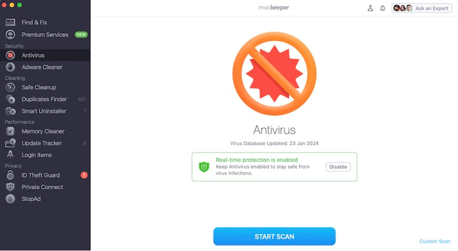 To get rid of malware in your Mac, click the Start scan button in the MacKeeper app.