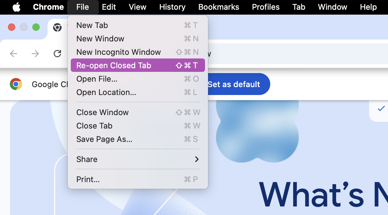 To recover closed or lost tabs on Google Chrome, begin by clicking on File in the top menu bar. From there you’ll see the open to Reopen Closed Tabs.