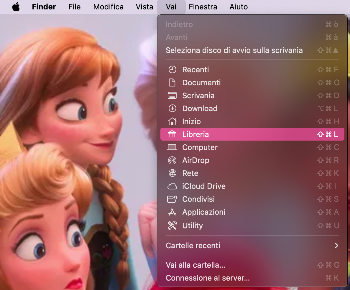 Nel menu Vai del Mac, seleziona l’opzione Libreria per aprire la cartella corrispondente.