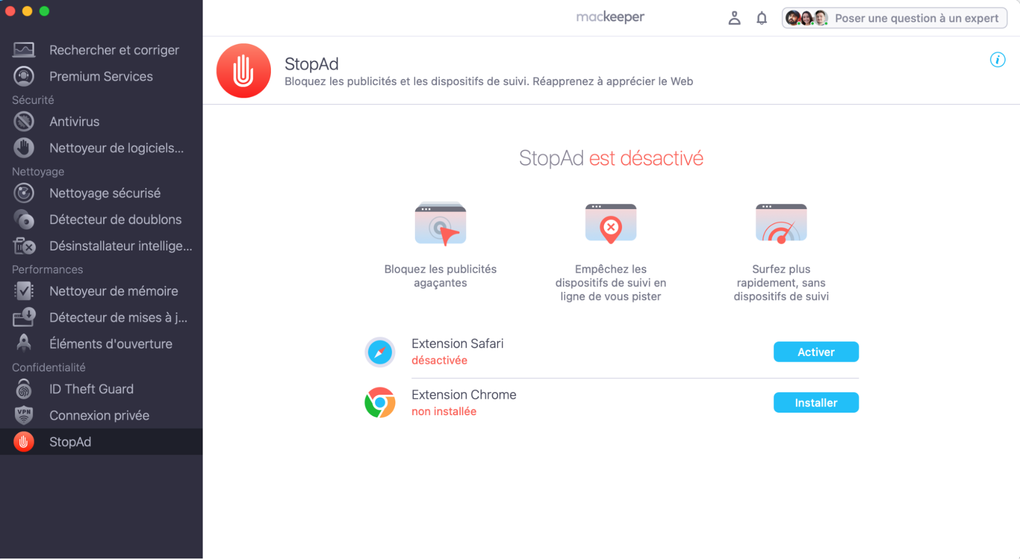 Pour activer l’option StopAd de MacKeeper sur votre MacBook, ouvrez l’application et cliquez sur StopAd dans le menu de gauche. Vous pourrez alors autoriser l’exécution de l’extension sur le navigateur de votre choix en cliquant sur Activer.