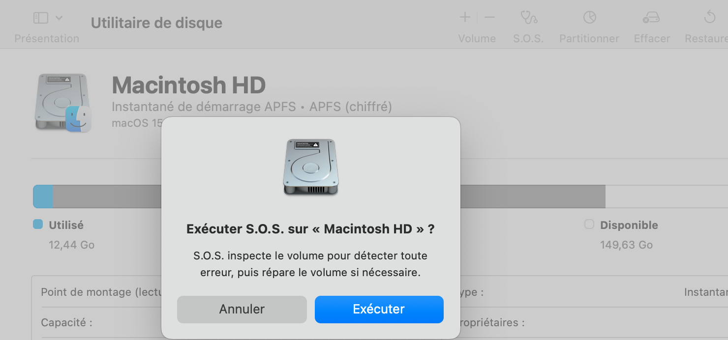 Quand la fenêtre contextuelle apparaît, sélectionnez Exécuter. Votre Mac recherchera ensuite d'éventuels problèmes et tentera de les résoudre après les avoir identifiés.
