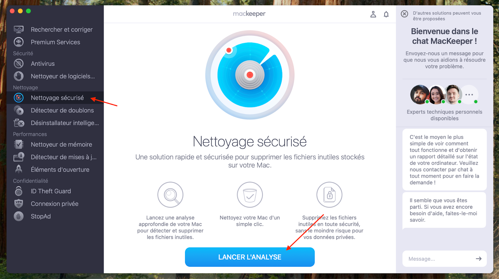 L'outil Nettoyage sécurisé s'affiche dans MacKeeper sur macOS Monterey. Cliquez sur Lancer l'analyse pour localiser tous les fichiers indésirables sur votre système.