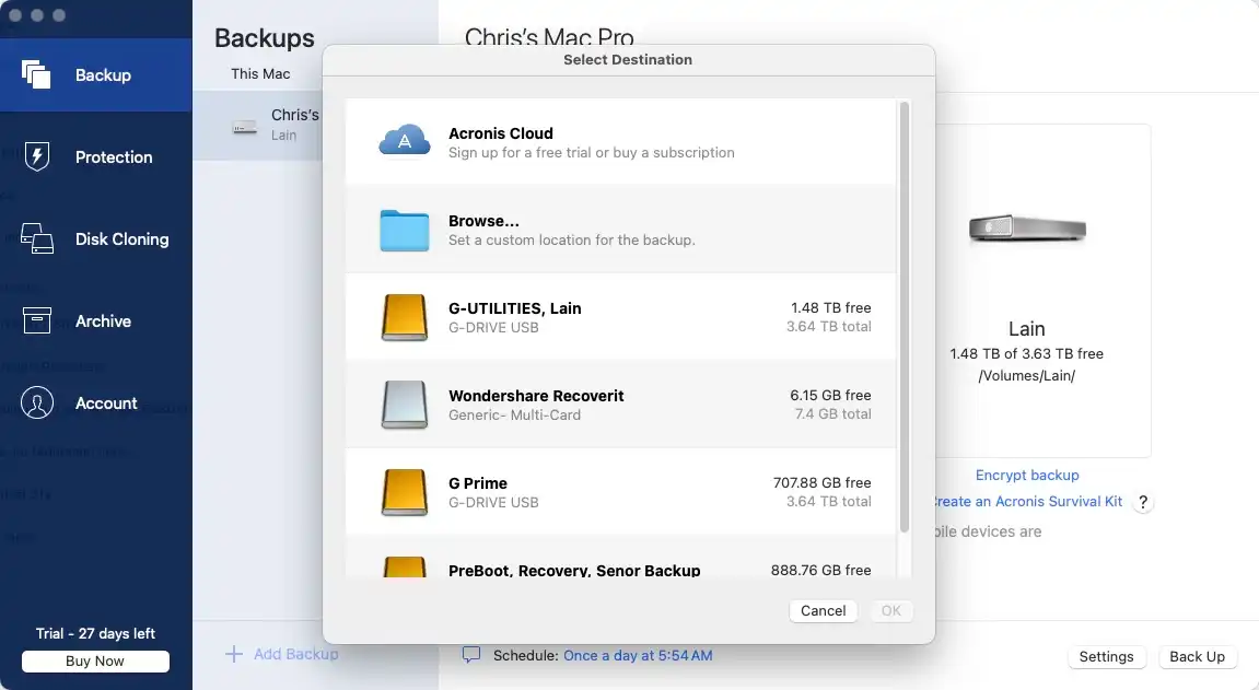 Open Acronis True Image, select your entire Mac or specific folders as the source, then choose local storage or Acronis Cloud as the destination.