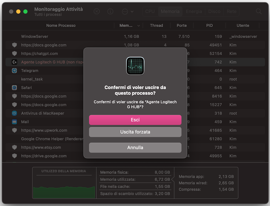 Se trovi un processo sospetto o che non riconosci e che utilizza una quantità elevata di CPU, puoi fare clic sul pulsante X e poi su Uscita forzata.