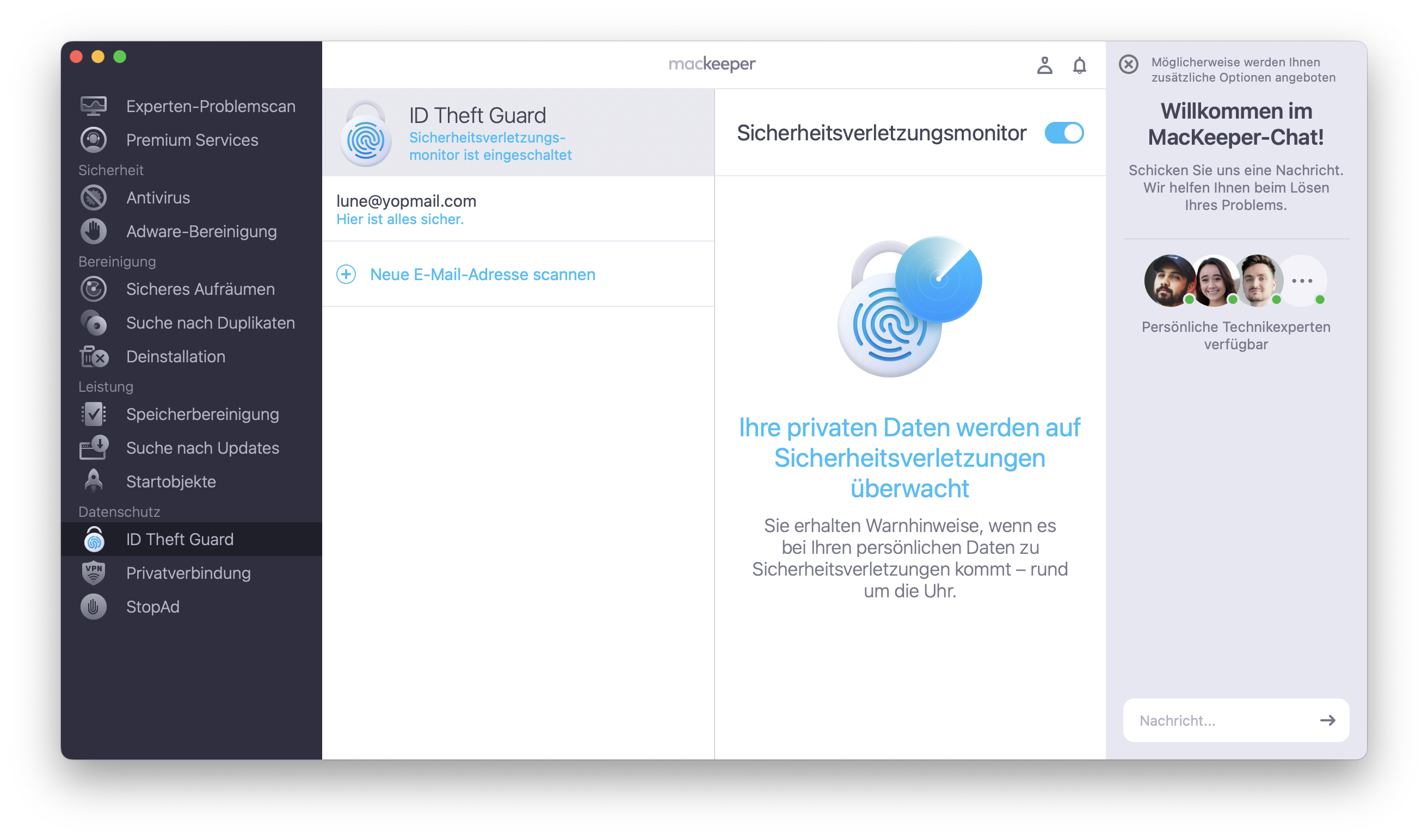 Für noch mehr Datenschutz – diesmal für Ihre E-Mails – nutzen Sie ID Theft Guard von MacKeeper. Wählen Sie in unserer App diese Funktion auf der linken Seite aus, fügen Sie die E-Mail-Adresse mit der Schaltfläche + hinzu und aktivieren Sie die Überwachung auf Datenmissbrauch.
