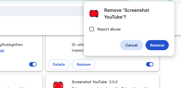 Finally, to remove the extension, click the 'Remove' button you see in the pop-up dialog. Delete anything that seems suspicious or which you don't remember installing.
