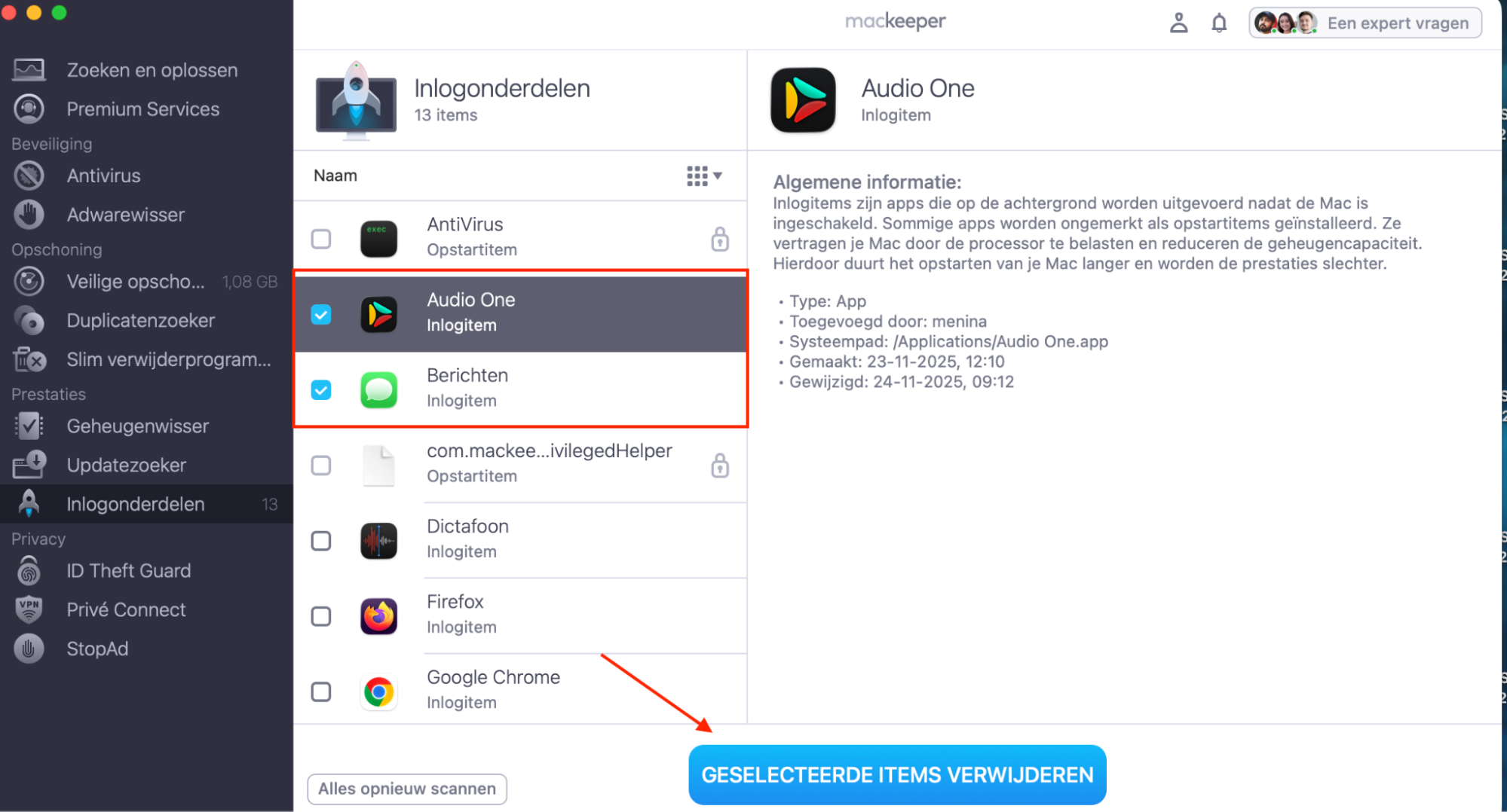 Er verschijnt een lijst met opstartonderdelen. Vink de selectievakjes aan naast de items die je wilt uitschakelen en selecteer daarna Verwijder geselecteerde onderdelen.