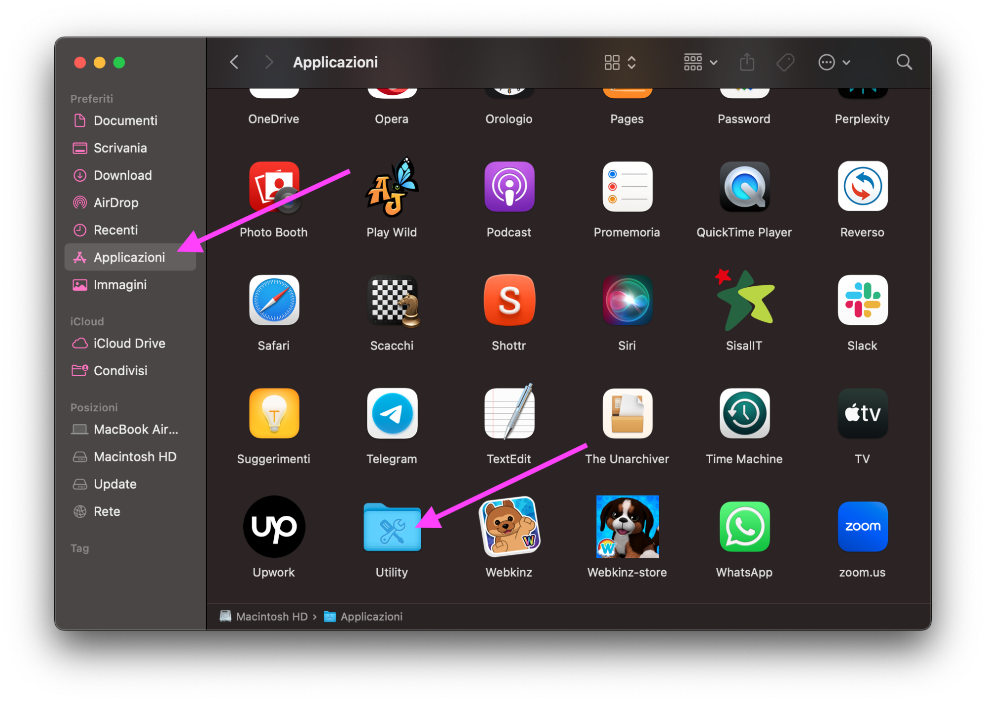 Finder su Mac mostra la cartella Applicazioni con tutte le app installate. Per trovare Monitoraggio Attività, apri prima la cartella Utility.