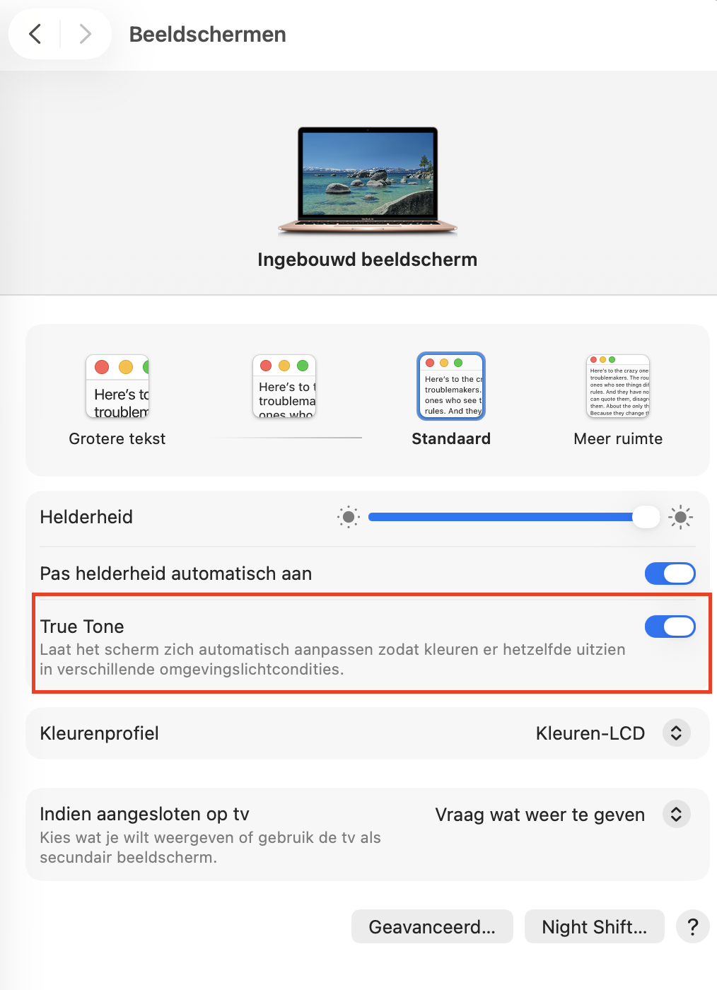 Het scherm ‘Beeldschermen’ op een MacBook, met ‘True Tone’ gemarkeerd. Onderdeel van de instructies om problemen met een haperend MacBook-scherm op te lossen.