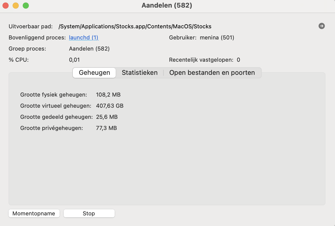 Het doel van Activiteitenweergave kan verschillen; hier toont het venster informatie over de lopende processen