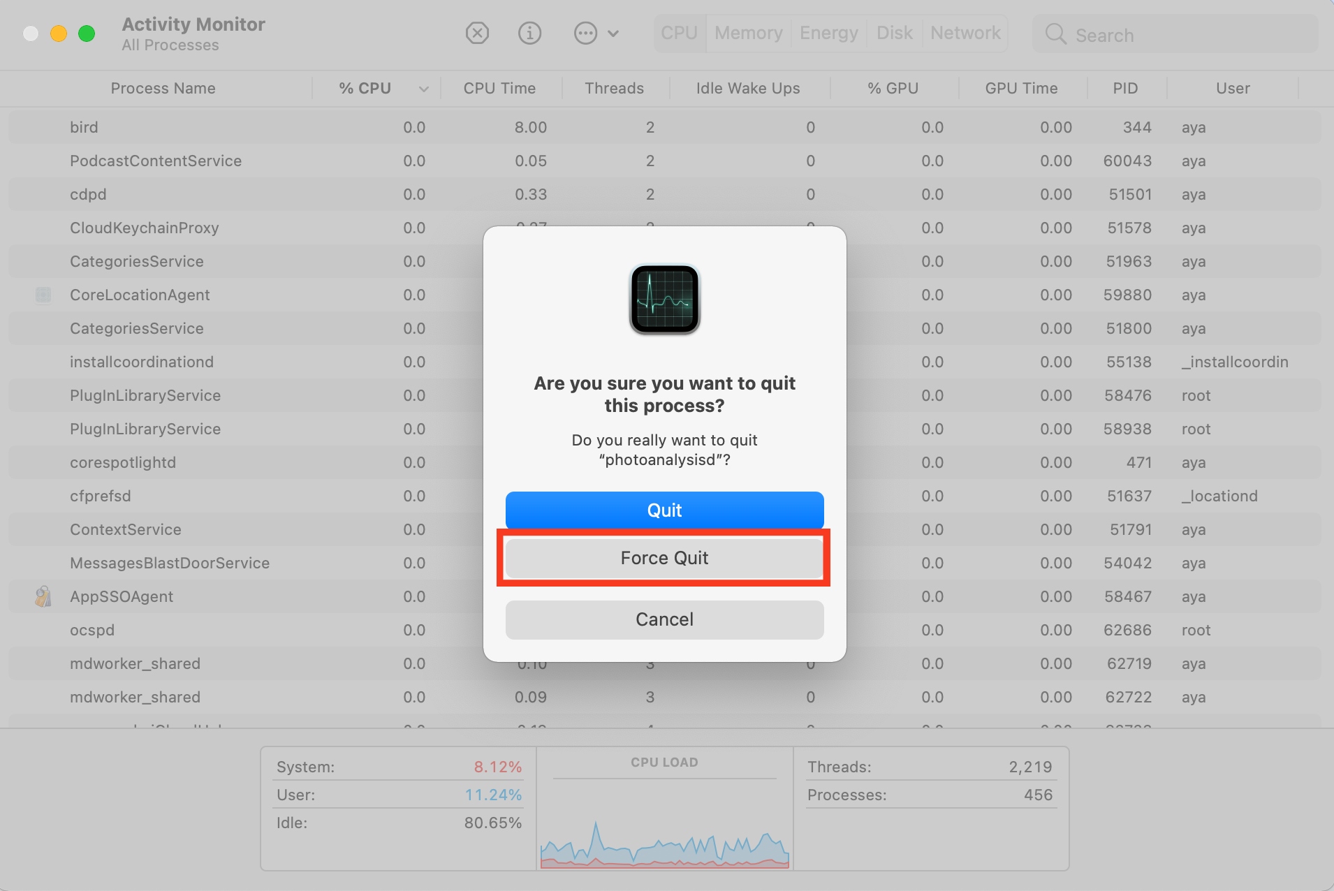 Activity Monitor is opened on a Mac. Identify an active process and kill it by clicking the X icon and hitting the Force Quit button.