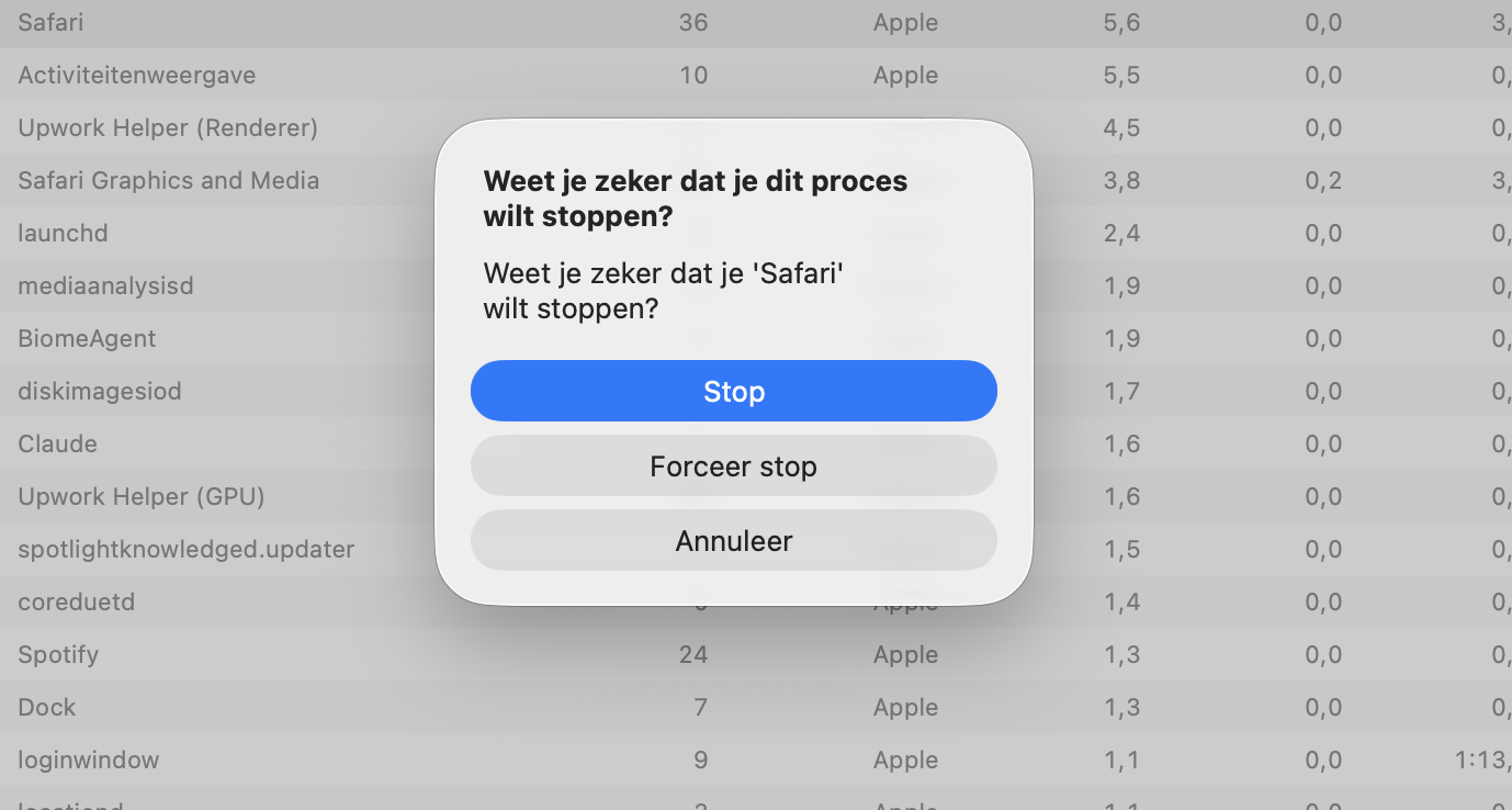Wanneer je op X klikt om het proces te verwijderen van de actieve processen op je Apple-computer, zie je een pop-up die vraagt of je wilt stoppen, geforceerd stoppen of annuleren. Kies Stop.