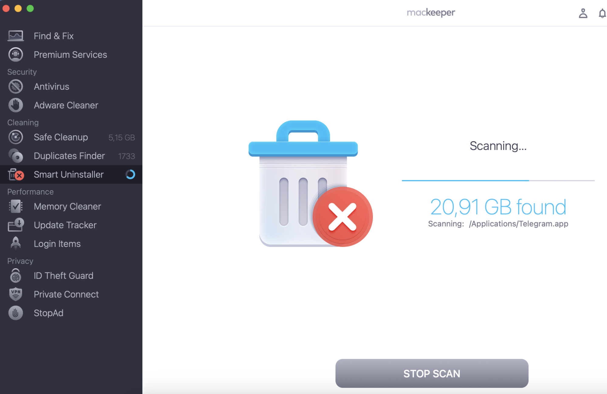 The MacKeeper app will scan your Mac. It may take some time.