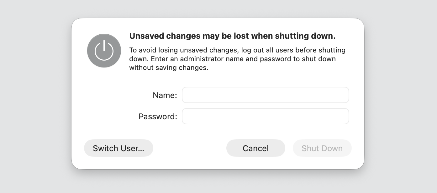 macOS shutdown confirmation dialog warning that unsaved changes may be lost, with the Shut Down button to run the shutdown timer app.