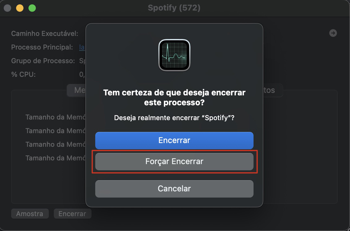 O Monitor de Atividade no Mac mostra o aviso de encerramento. Clique em Forçar Encerrar para confirmar.