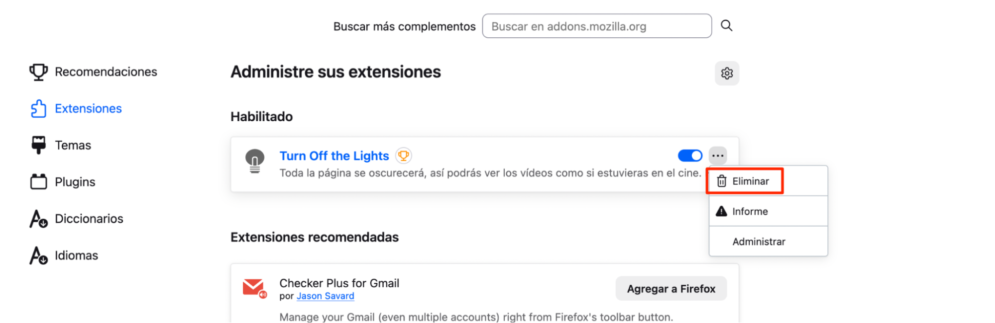 La pantalla de Extensiones de Firefox, con el menú abierto para una extensión. Cómo quitar extensiones, como parte de una guía sobre cómo eliminar las ventanas emergentes falsas de McAfee en Mac.