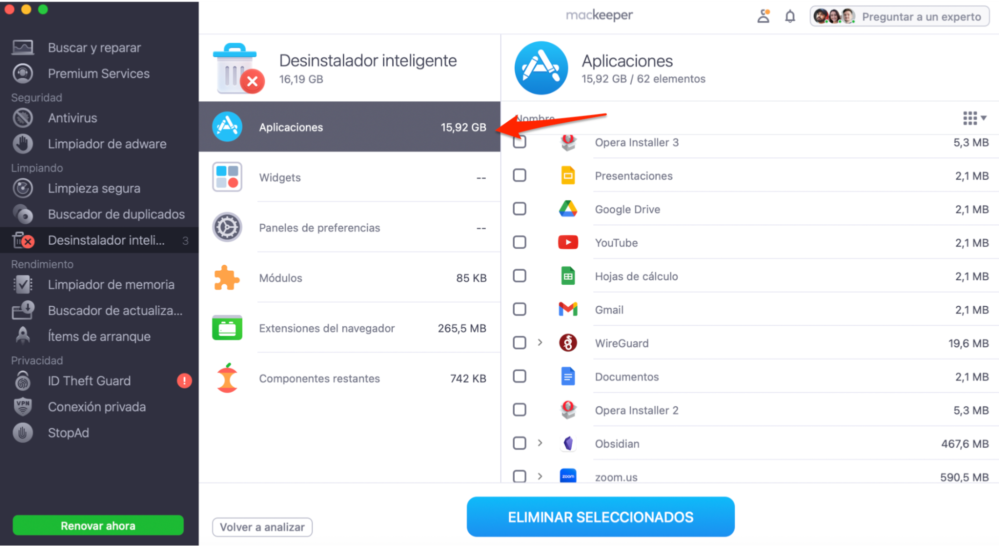 MacKeeper en Mac muestra la herramienta Desinstalador inteligente. En Aplicaciones, selecciona Avast Cleanup y, a continuación, haz clic en Eliminar seleccionado. MacKeeper en Mac muestra la herramienta Desinstalador inteligente. En Aplicaciones, selecciona Avast Cleanup y, a continuación, haz clic en Eliminar seleccionado.