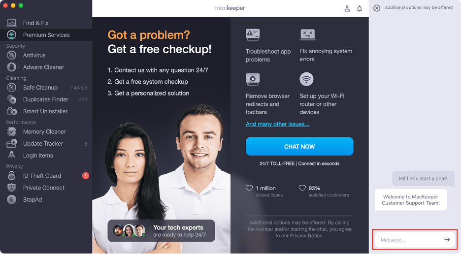 MacKeeper's Premium Services chat on your Apple device, typing your clipboard error message to a live expert in the Chat Now text field.