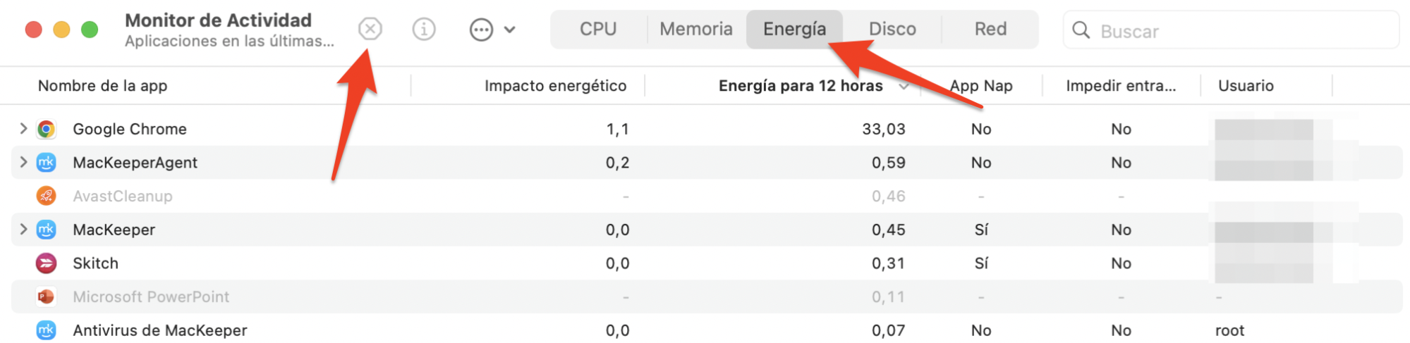 Selecciona Google Chrome en la pestaña Energía y haz clic en el botón x.