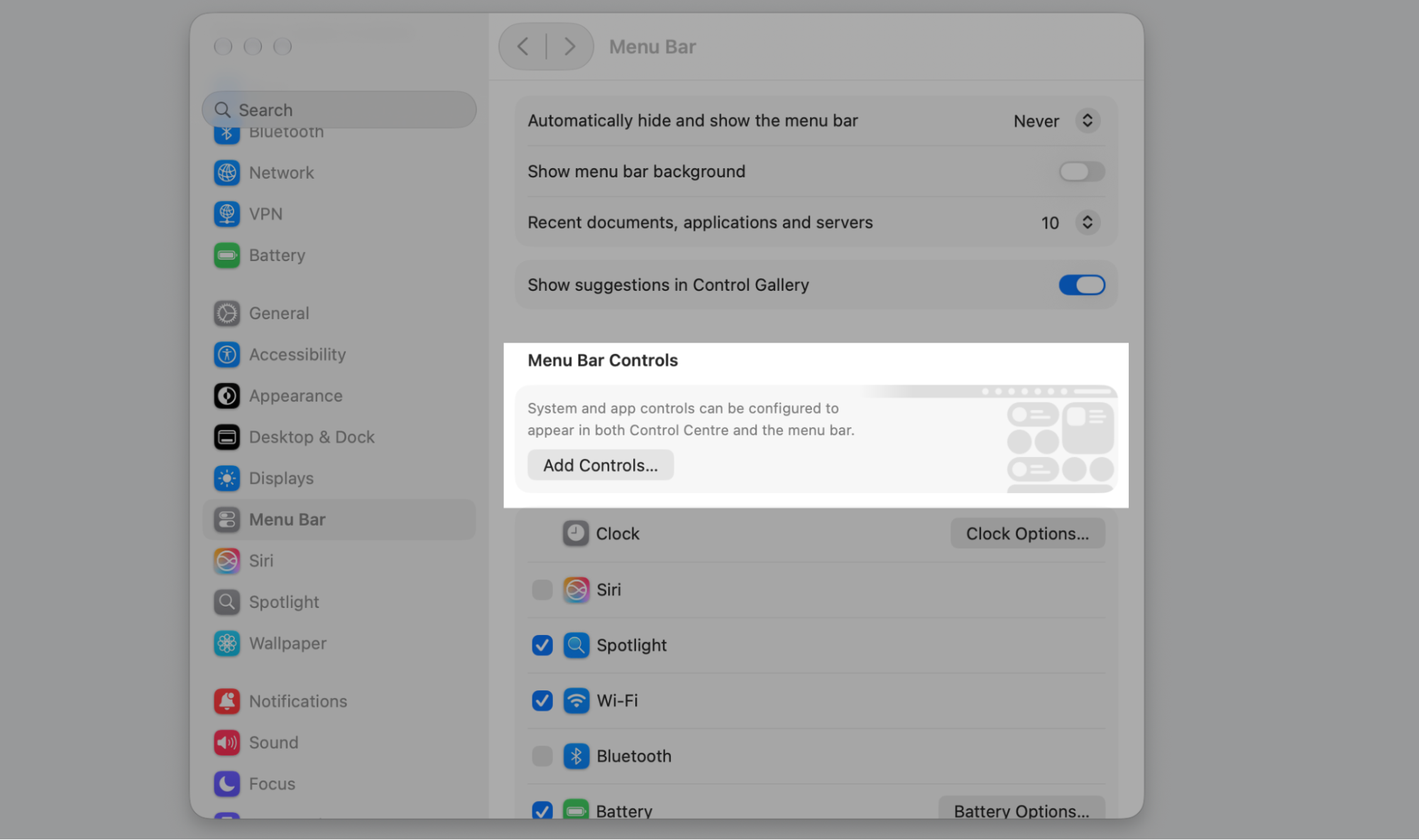 Menu Bar section of macOS System Settings with Menu Bar Controls and the Add Controls button highlighted to add items on this Apple device.