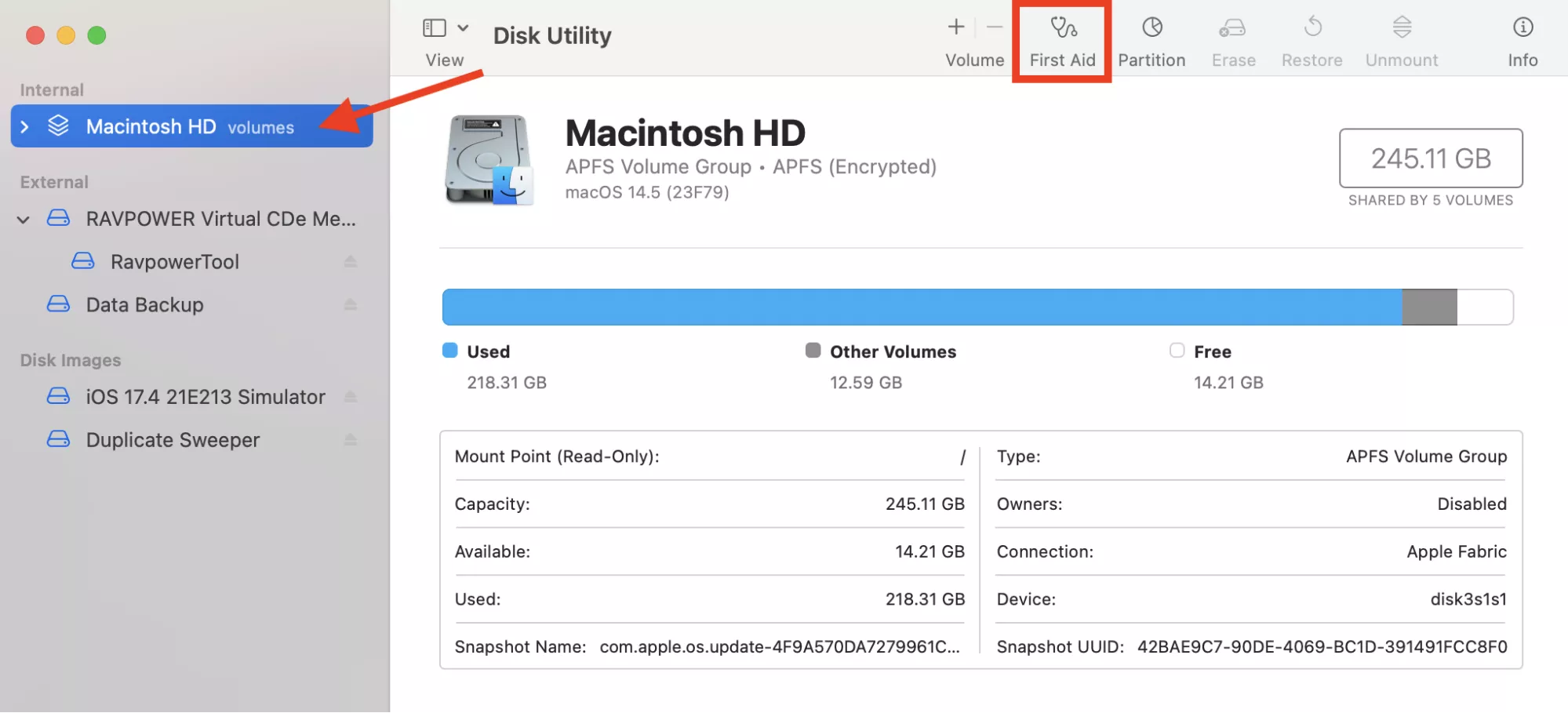 In Disk Utility, select your startup disk from the sidebar and click First Aid to scan and repair disk errors that may cause system crashes or restarts.