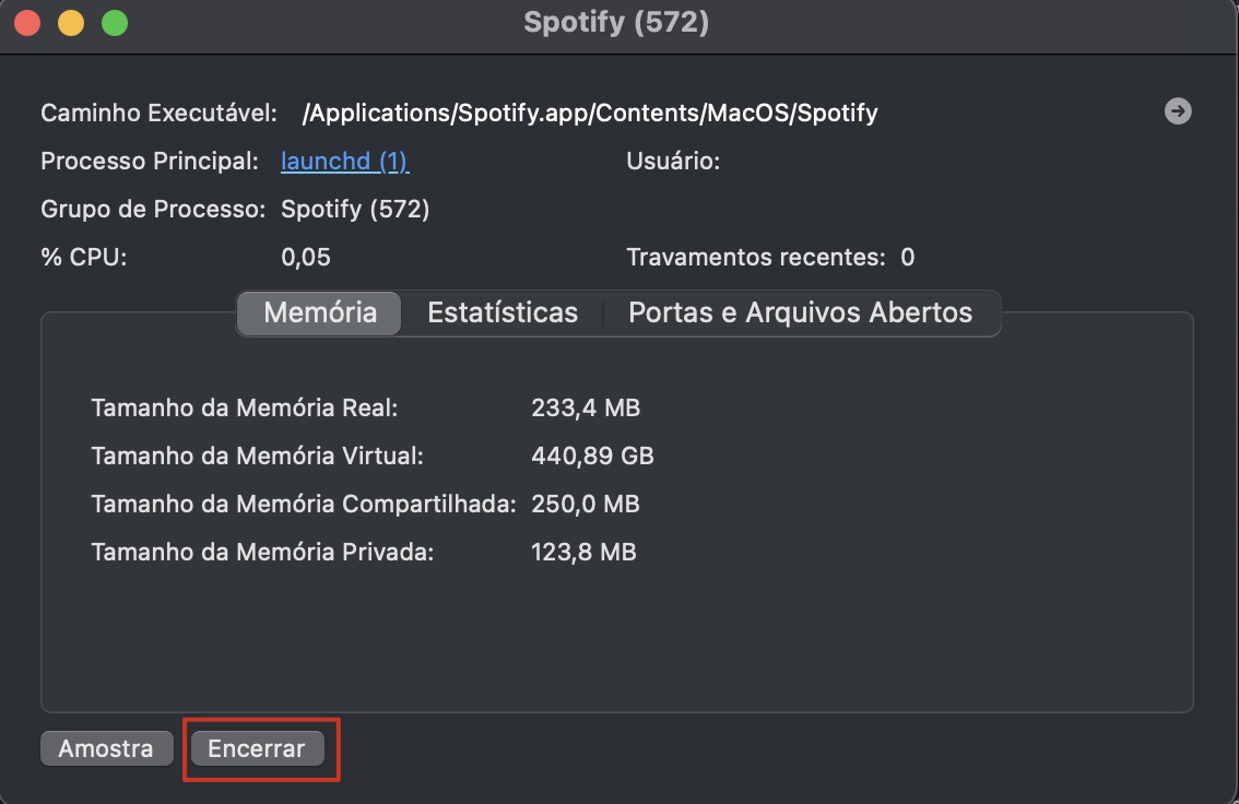O Monitor de Atividade no Mac mostra os detalhes de um processo em execução. Para encerrá-lo, clique no botão Encerrar e depois confirme quando solicitado.
