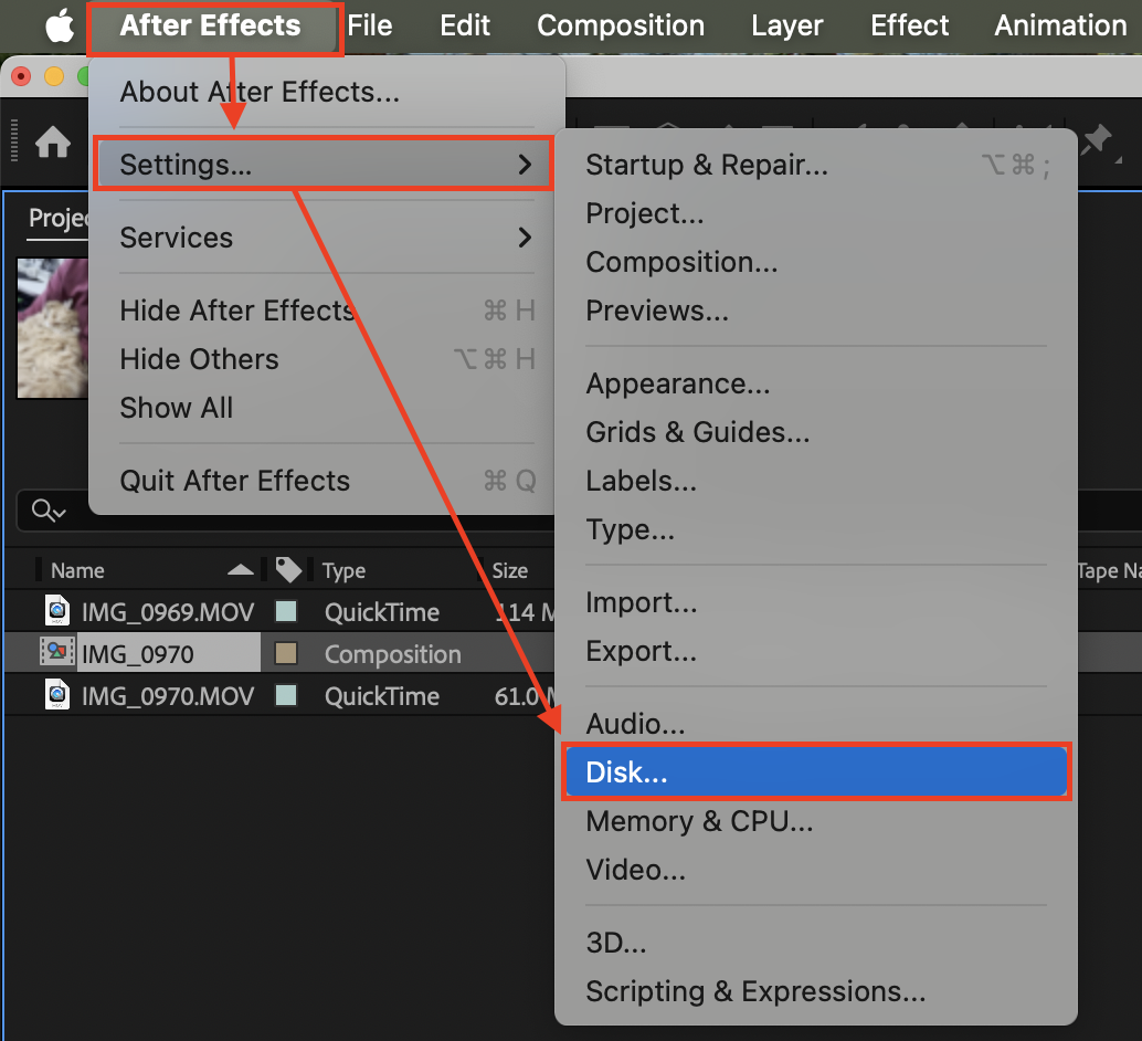 Adobe After Effects menu bar on macOS with Settings submenu open, highlighting the Disk option to access disk cache preferences.