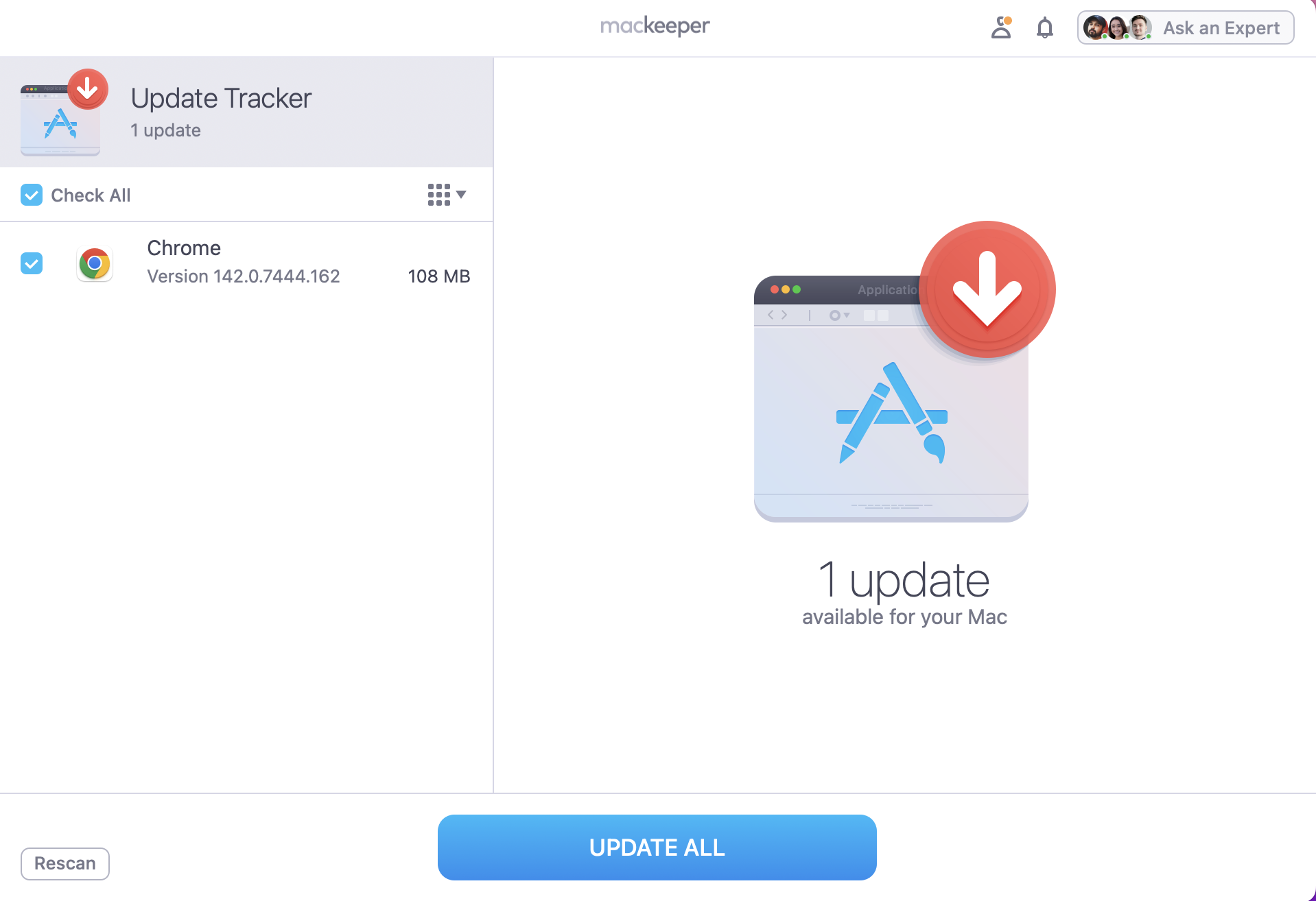 After a few seconds, MacKeeper will scan your device automatically, looking for any outstanding updates. If any are available, you can tick and press the Update All button.