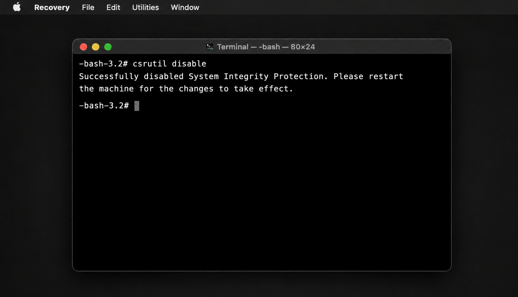 Recovery Terminal on macOS Tahoe confirming System Integrity Protection was successfully disabled and asking to restart the Mac.