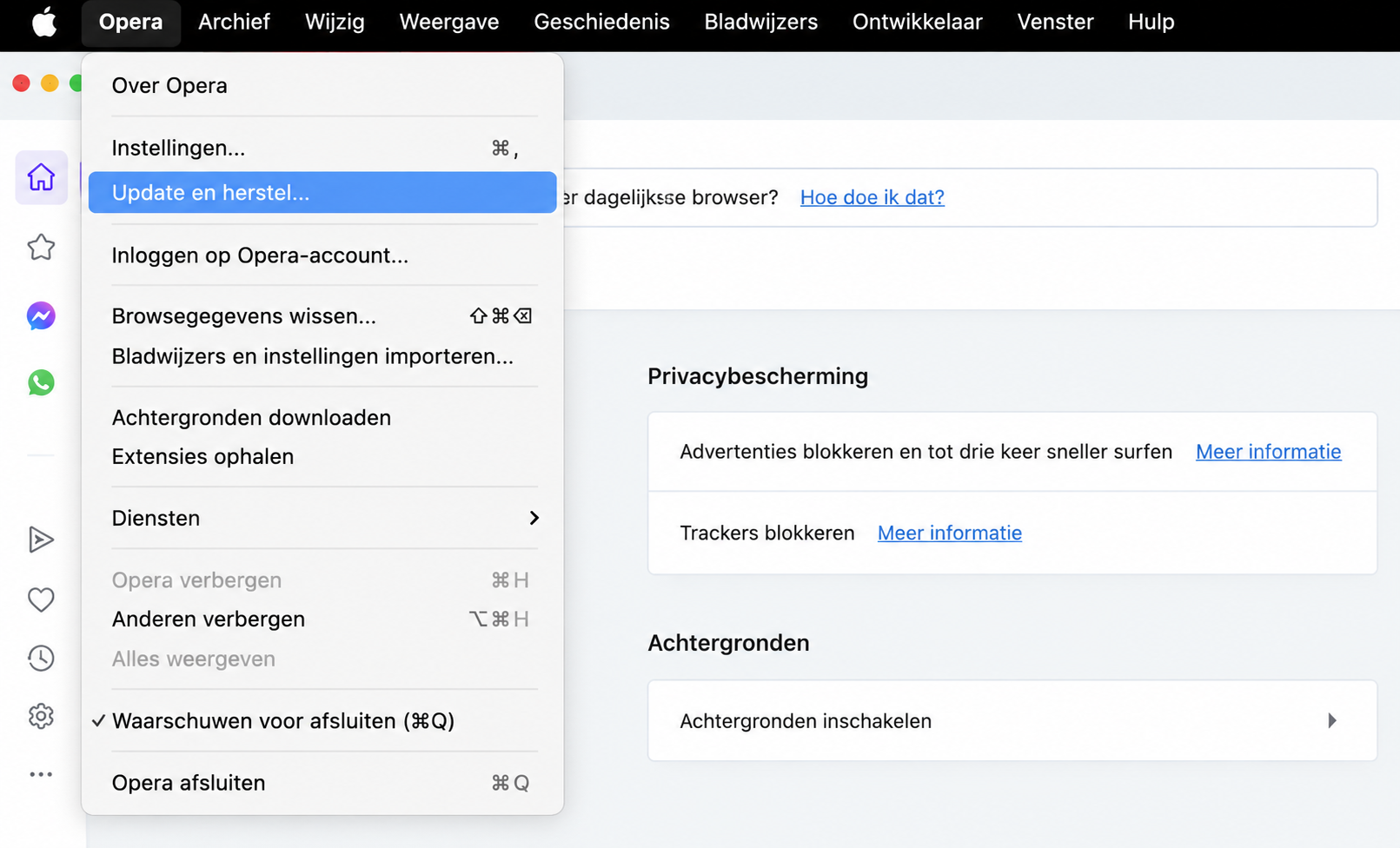 Opera voor Mac met het Opera menu geopend en ‘Update en herstel’ gemarkeerd. Dit maakt deel uit van een handleiding over hoe je Opera reset om valse McAfee pop-ups op een Mac te stoppen.