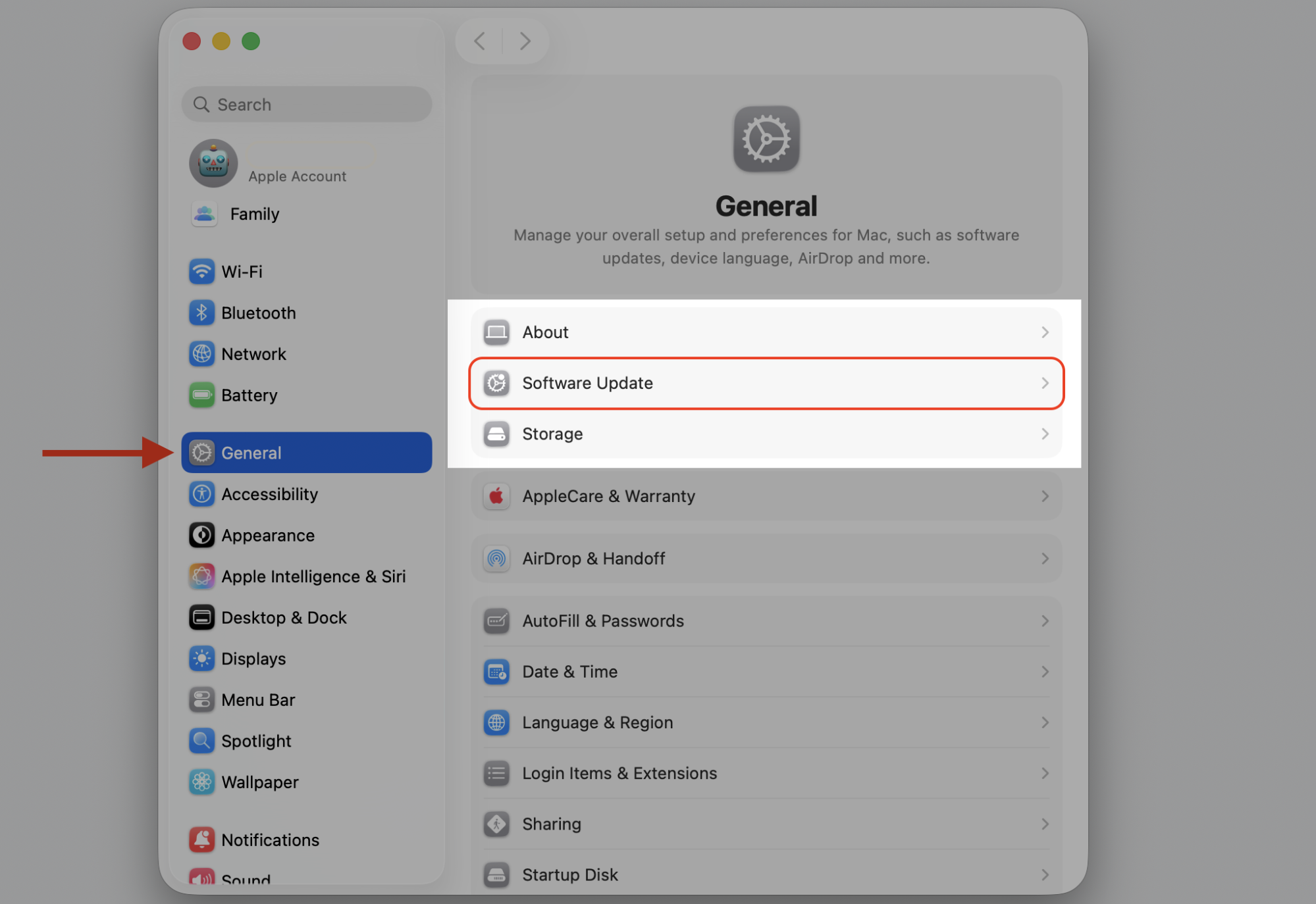 System Settings General pane on a MacBook with Software Update highlighted, the step to check for macOS updates that ease sentineld high CPU.