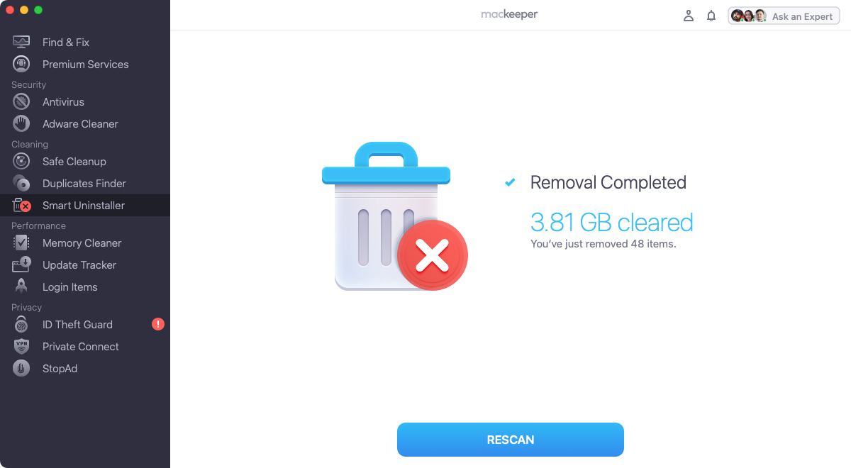 When MacKeeper's Smart Uninstaller has finished removing OneDrive from your Mac, it will show you how much space you've saved. You can also rescan your Mac to delete more.