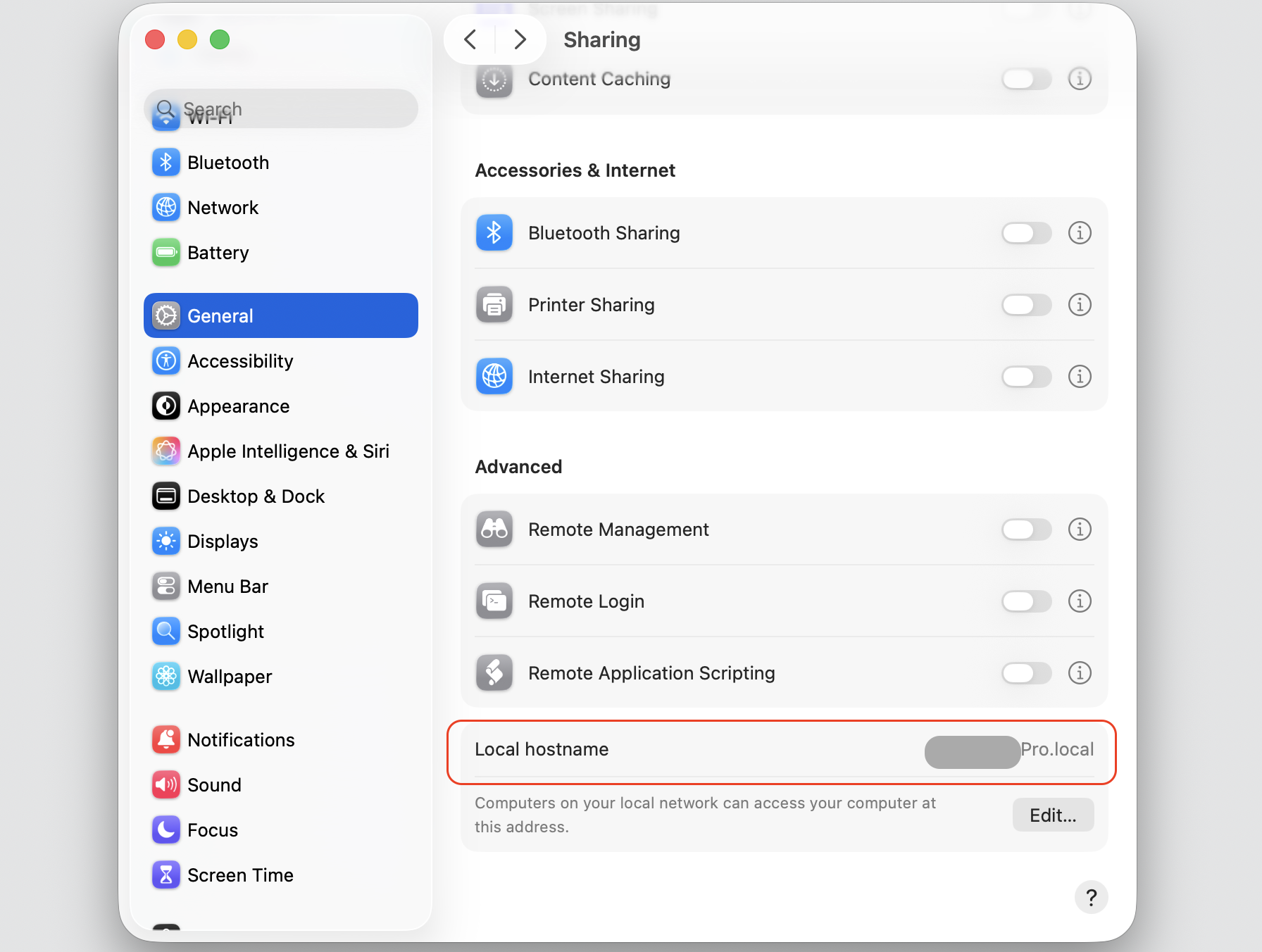 The Sharing pane on a MacBook showing Local hostname, the address a Windows PC uses to reach your Apple computer over the network.