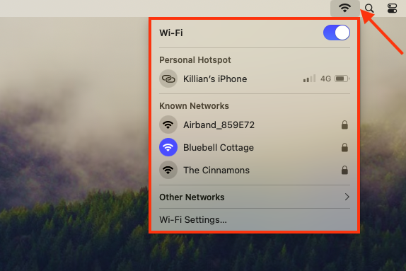 The Wi-Fi menu in the menu bar on Mac. If you see that set date and time automatically on Mac is not working, make sure your computer is using the right network and has a stable internet connection.