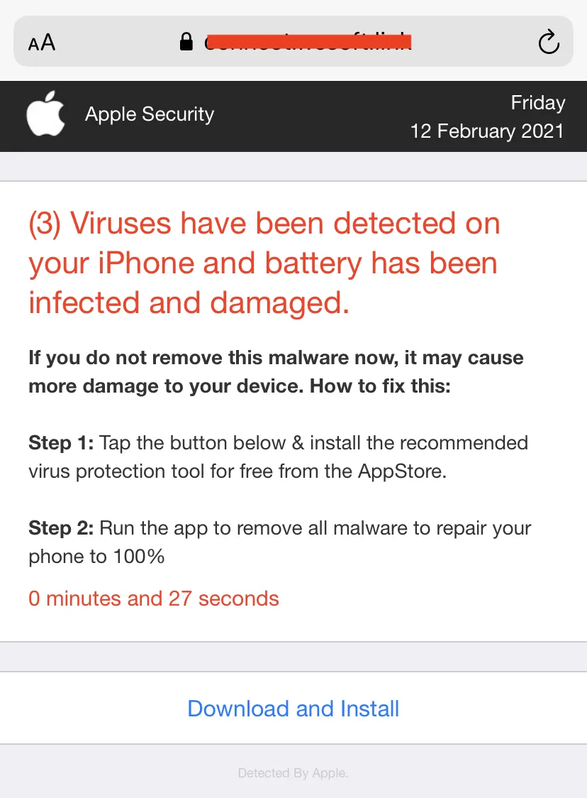 Recognize a fake Apple security alert by its red virus warning, countdown timer, and Download and Install button pushing you to install an unknown app.