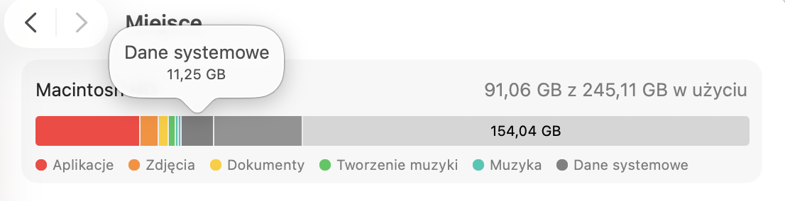 Możesz sprawdzić, ile danych systemowych jest używanych na Twoim Macu, przechodząc do Ustawień systemowych, a następnie najeżdżając kursorem na sekcję Pamięć masowa. Wyświetlona informacja pokaże ich całkowity rozmiar.