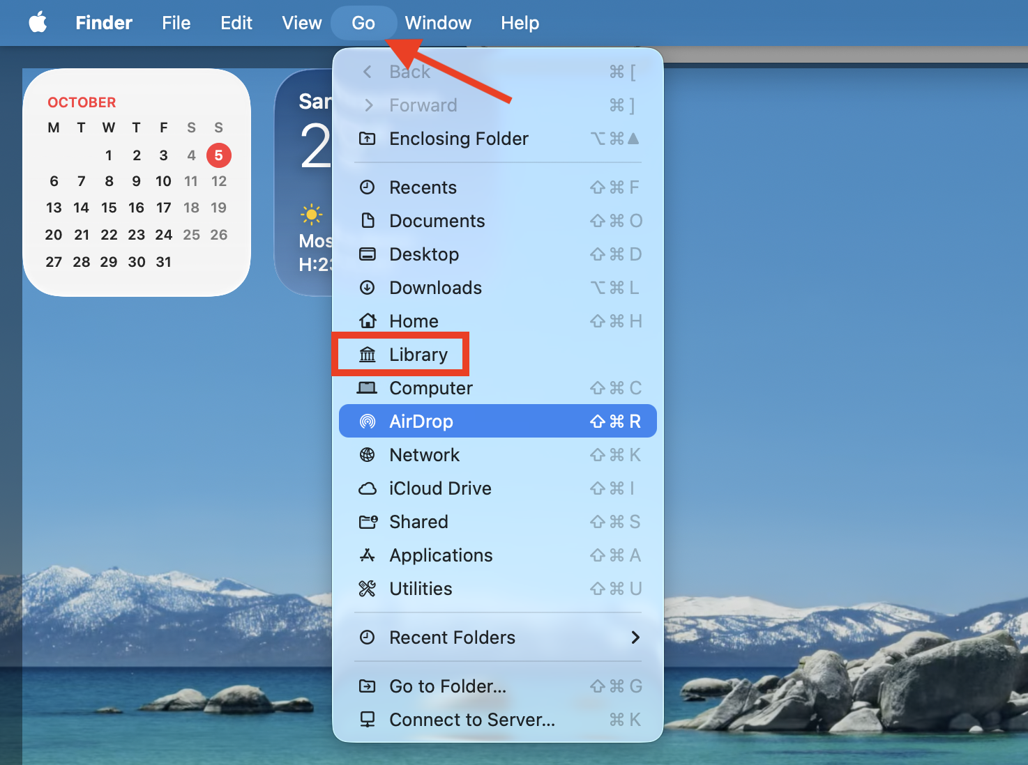 The Library folder option inside the Go menu on Mac. If iOS files are taking up too much storage on your Mac, go to the Library folder in Finder and then delete all data from within it.