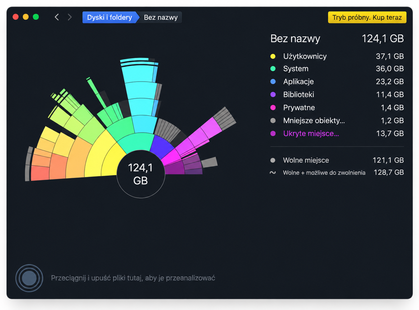 Wyniki czyszczenia DaisyDisk na MacBooku wraz z graficzną prezentacją zajętej pamięci i informacją o zwolnionym miejscu.