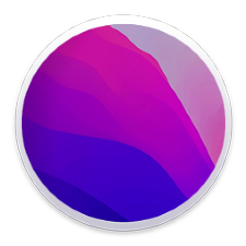 O logo do macOS 12 (Monterey) é ilustrado com tons de rosa, azul e roxo. Monterey é a 17ª grande atualização do macOS da Apple, depois do Big Sur.